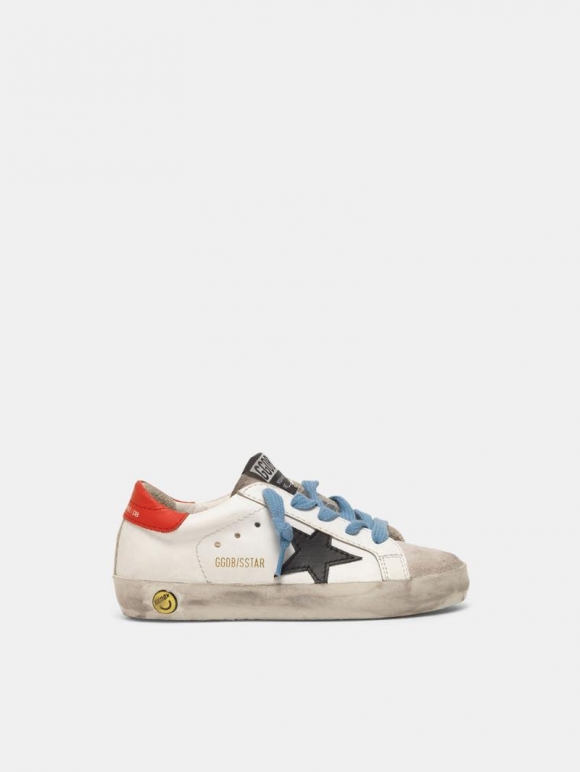 Super-Star golden goose sneakers with red heel tab and sky blue