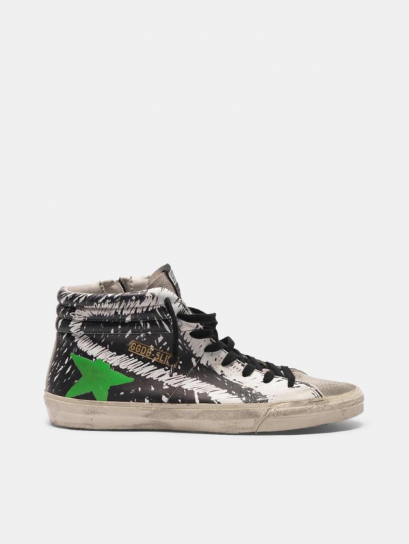 Slide golden goose sneakers in leather and suede with printed de