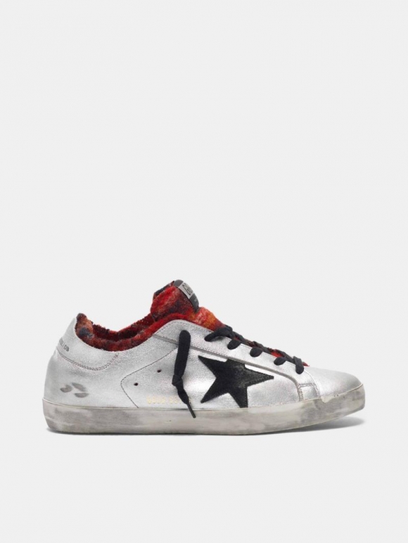 Silver-laminated Super-Star golden goose sneakers with tartan in