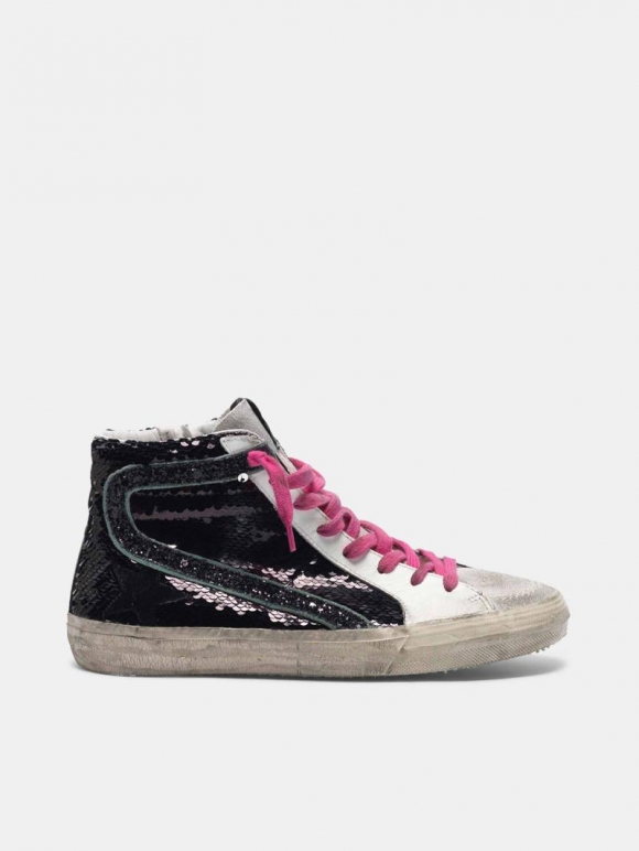 Slide golden goose sneakers with black sequins