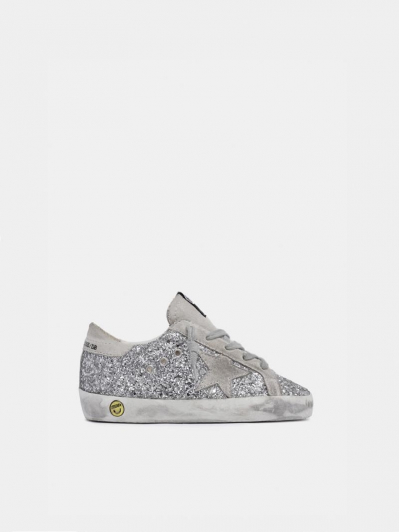 Super-Star golden goose sneakers with silver glitter and suede d