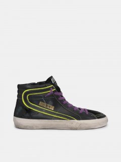 Slide golden goose sneakers in leather and suede with fluorescen