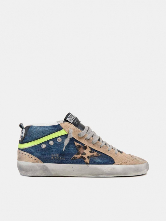 Mid Star golden goose sneakers in denim and suede with leopard-p