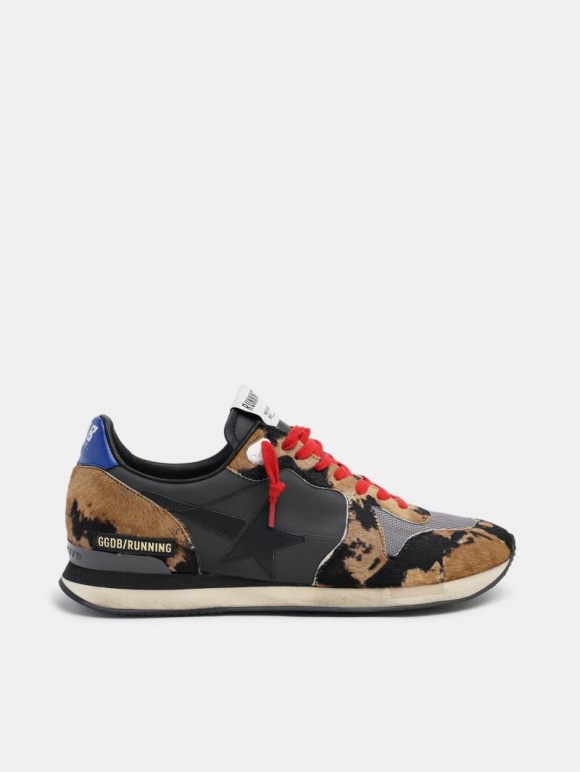 Running golden goose sneakers with pony skin and textured nylon