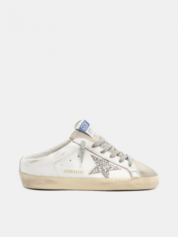 Super-Star Sabots in white leather and gray suede with silver gl