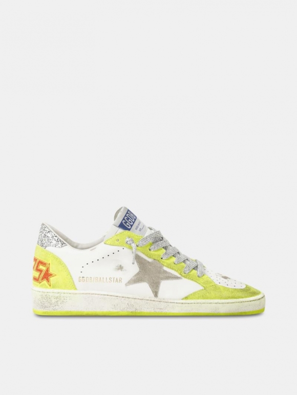 White Ball Star golden goose sneakers with fluorescent yellow in