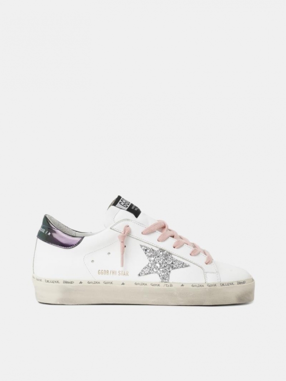 White Hi-Star golden goose sneakers with glittery star and pink