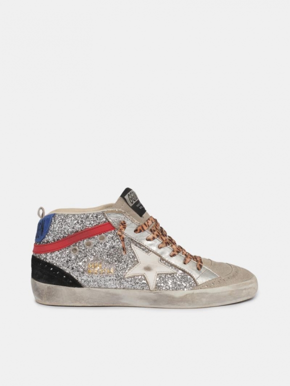 Mid Star golden goose sneakers in silver glitter with leopard-pr