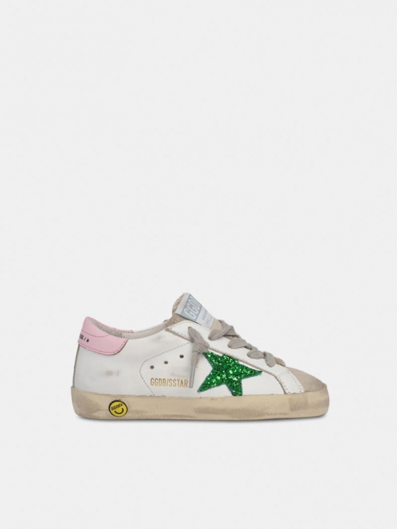 Super-Star golden goose sneakers with green glitter star and pin