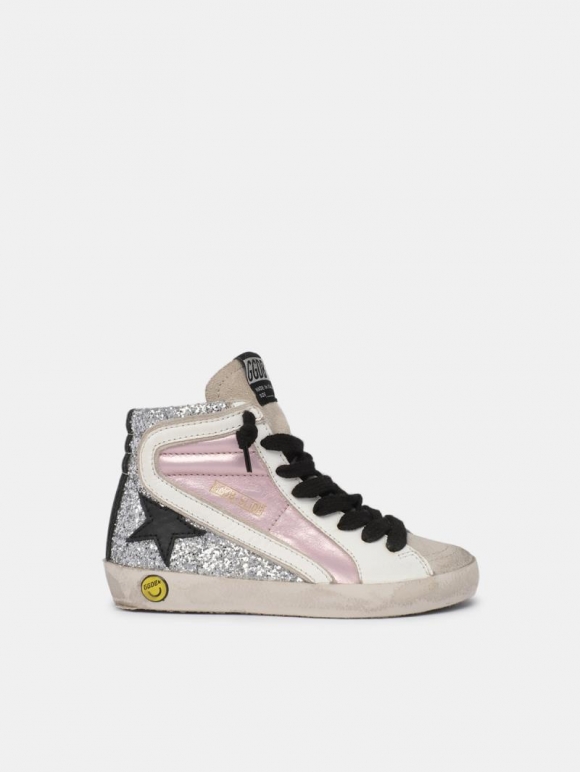 Slide golden goose sneakers with glitter upper and laminated pin